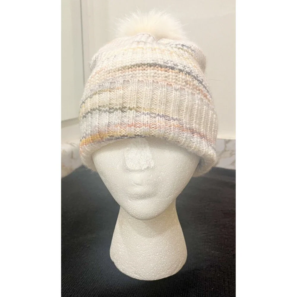 J.Crew Women’s Knit Beanie Hat Faux Fur Pom Pom Multicolor Striped Winter